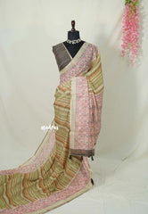 Olive Earthen Blend - Linen Cotton Saree Stripes with Contrast Blouse - Best for Office Wear | Casual Wear