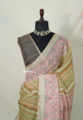 Olive Earthen Blend - Linen Cotton Saree Stripes with Contrast Blouse - Best for Office Wear | Casual Wear