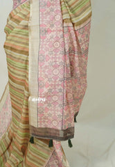 Olive Earthen Blend - Linen Cotton Saree Stripes with Contrast Blouse - Best for Office Wear | Casual Wear