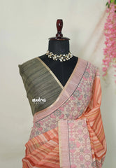 Sunset Corel Blend - Linen Cotton Saree Stripes with Contrast Blouse - Best for Office Wear | Casual Wear