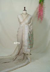 Earthy Tone Beige - Linen Cotton Saree with Floral Print Pallu and Border - Best for Office Wear | Casual Wear