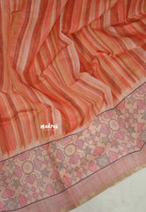 Sunset Corel Blend - Linen Cotton Saree Stripes with Contrast Blouse - Best for Office Wear | Casual Wear