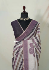 Muted Beige with Pastel Purple - Linen Cotton Saree with horizontal wavy stripes and Contrast Blouse - Best for Office Wear | Casual Wear
