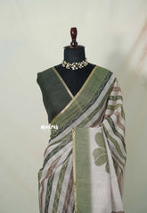 Muted Beige with Olive Green - Linen Cotton Saree with horizontal wavy stripes and Contrast Blouse - Best for Office Wear | Casual Wear