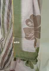 Muted Beige with Olive Green - Linen Cotton Saree with horizontal wavy stripes and Contrast Blouse - Best for Office Wear | Casual Wear