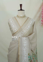 Earthy Tone Beige - Linen Cotton Saree with Floral Print Pallu and Border - Best for Office Wear | Casual Wear