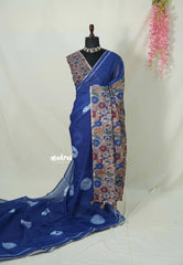 Indigo Blue - Linen Cotton Saree with Kalamkari Pallu and Blouse - Best for Office Wear | Casual Wear