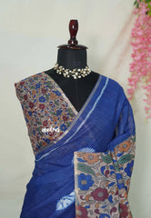 Indigo Blue - Linen Cotton Saree with Kalamkari Pallu and Blouse - Best for Office Wear | Casual Wear