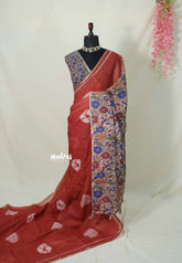 Brick Red - Linen Cotton Saree with Kalamkari Pallu and Blouse - Best for Office Wear | Casual Wear