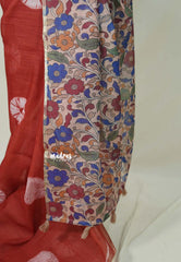 Brick Red - Linen Cotton Saree with Kalamkari Pallu and Blouse - Best for Office Wear | Casual Wear