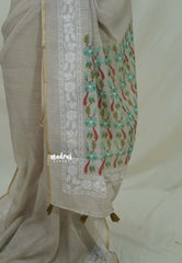 Earthy Tone Beige - Linen Cotton Saree with Floral Print Pallu and Border - Best for Office Wear | Casual Wear