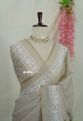 Earthy Tone Beige - Linen Cotton Saree with Floral Print Pallu and Border - Best for Office Wear | Casual Wear