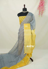 Steel Grey with Yellow - Linen Cotton Saree with Tiny Zari Border - Best for Office Wear | Casual Wear