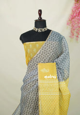 Steel Grey with Yellow - Linen Cotton Saree with Tiny Zari Border - Best for Office Wear | Casual Wear