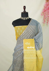 Steel Grey with Yellow - Linen Cotton Saree with Tiny Zari Border - Best for Office Wear | Casual Wear