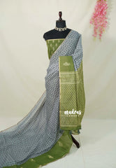 Steel Grey with Green - Linen Cotton Saree with Tiny Zari Border - Best for Office Wear | Casual Wear