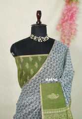 Steel Grey with Green - Linen Cotton Saree with Tiny Zari Border - Best for Office Wear | Casual Wear