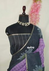 Magenta Pink - Linen Cotton Saree Checks in Body with Border - Best for Office Wear | Casual Wear