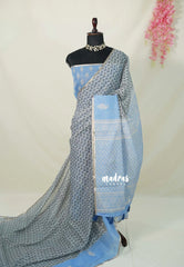 Steel Grey with Blue - Linen Cotton Saree with Tiny Zari Border - Best for Office Wear | Casual Wear