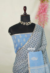 Steel Grey with Blue - Linen Cotton Saree with Tiny Zari Border - Best for Office Wear | Casual Wear