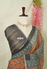 Mustard Orange - Linen Cotton Saree with Bagru Prints - Best for Office Wear | Casual Wear