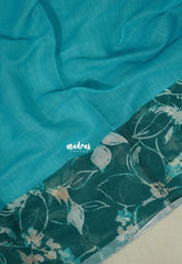 Cyan Blue - Pragathi - Linen Cotton Saree Big Border with Floral Prints - Best for Office Wear | Casual Wear