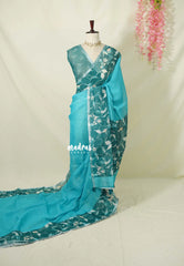 Cyan Blue - Pragathi - Linen Cotton Saree Big Border with Floral Prints - Best for Office Wear | Casual Wear