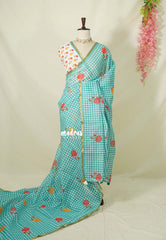 White with Turquoise Blue - Linen Cotton Saree Madras Checks with Rose Flower Prints - Best for Office Wear | Casual Wear