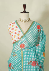 White with Turquoise Blue - Linen Cotton Saree Madras Checks with Rose Flower Prints - Best for Office Wear | Casual Wear