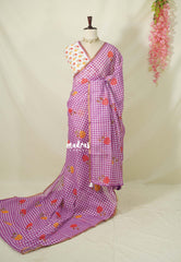 White with Lilac Pink - Linen Cotton Saree Madras Checks with Rose Flower Prints - Best for Office Wear | Casual Wear