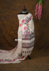 Sandal Beige - Divine Lotus Linen Cotton Saree with Tiny Border - Best for Office Wear