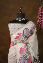 Sandal Beige - Divine Lotus Linen Cotton Saree with Tiny Border - Best for Office Wear