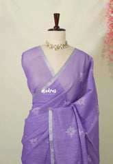 Lavender Purple - Linen Cotton Saree with Floral Pattern Prints - Best for Office Wear | Casual Wear