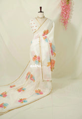 Ivory White - Linen Cotton Saree with Floral Prints - Best for Office Wear | Casual Wear