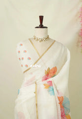 Ivory White - Linen Cotton Saree with Floral Prints - Best for Office Wear | Casual Wear