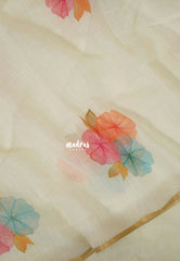 Ivory White - Linen Cotton Saree with Floral Prints - Best for Office Wear | Casual Wear
