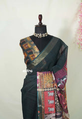 Dark Teal Green - Bharat Darshan Soft linen cotton with Indian Art Motifs