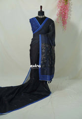 Jet Black - Linen Cotton Saree with Jamdani Printed Pallu - Best for Office Wear | Casual Wear