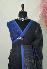 Jet Black - Linen Cotton Saree with Jamdani Printed Pallu - Best for Office Wear | Casual Wear