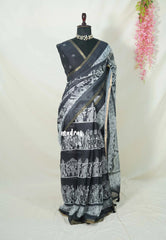 Black and White - Pragathi - Linen Cotton Saree Kalamkari Kalahasthi Prints - Best for Office Wear | Casual Wear