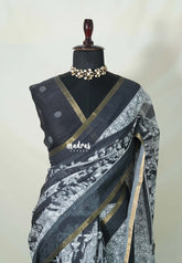 Black and White - Pragathi - Linen Cotton Saree Kalamkari Kalahasthi Prints - Best for Office Wear | Casual Wear