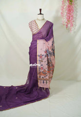 Jamun Purple - Pragathi - Linen Cotton Saree with Kalamkari Pallu and Blouse - Best for Office Wear | Casual Wear