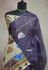 Purple grey - Soft Linen cotton with kalamkari floral pallu and blouse