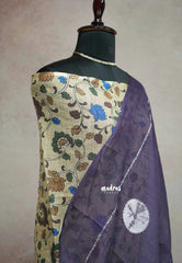 Purple grey - Soft Linen cotton with kalamkari floral pallu and blouse