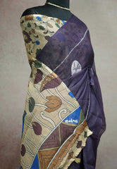 Purple grey - Soft Linen cotton with kalamkari floral pallu and blouse