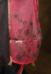 Black - Linen Cotton Saree Checks Body with Small Border - Best for Office Wear