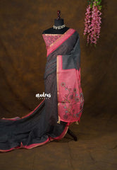 Black - Linen Cotton Saree Checks Body with Small Border - Best for Office Wear