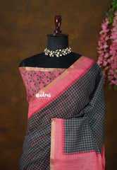 Black - Linen Cotton Saree Checks Body with Small Border - Best for Office Wear