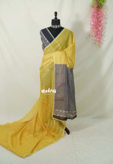 Lemon Yellow with Lace - Pragathi - Linen Cotton Saree with Stripes Prints in Pallu and Blouse - Best for Office Wear | Casual Wear
