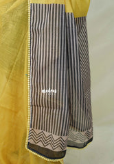 Lemon Yellow with Lace - Pragathi - Linen Cotton Saree with Stripes Prints in Pallu and Blouse - Best for Office Wear | Casual Wear